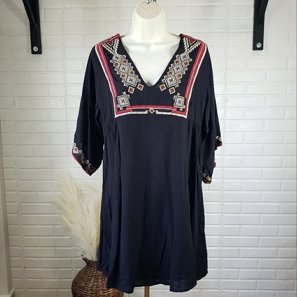Umgee Black Embroidered Mini Dress with Red & Cream Accents